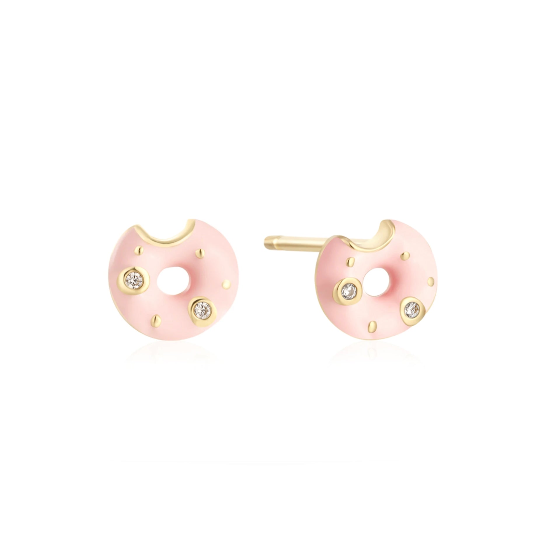 Elevate your style with these 14k diamond and enamel donut post earrings, crafted with brilliant diamond sprinkles and pink enamel frosting. 