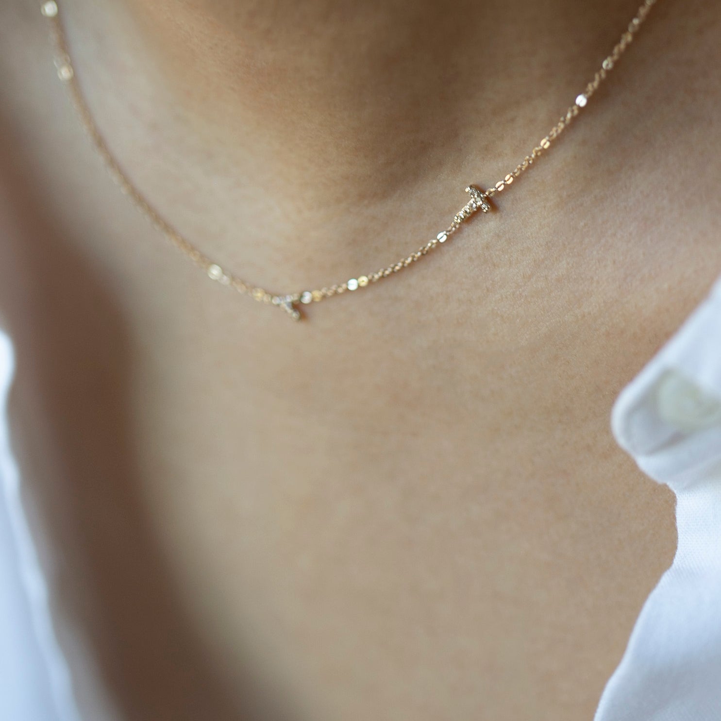 Personalized Asymmetrical 14k solid gold initials necklace.