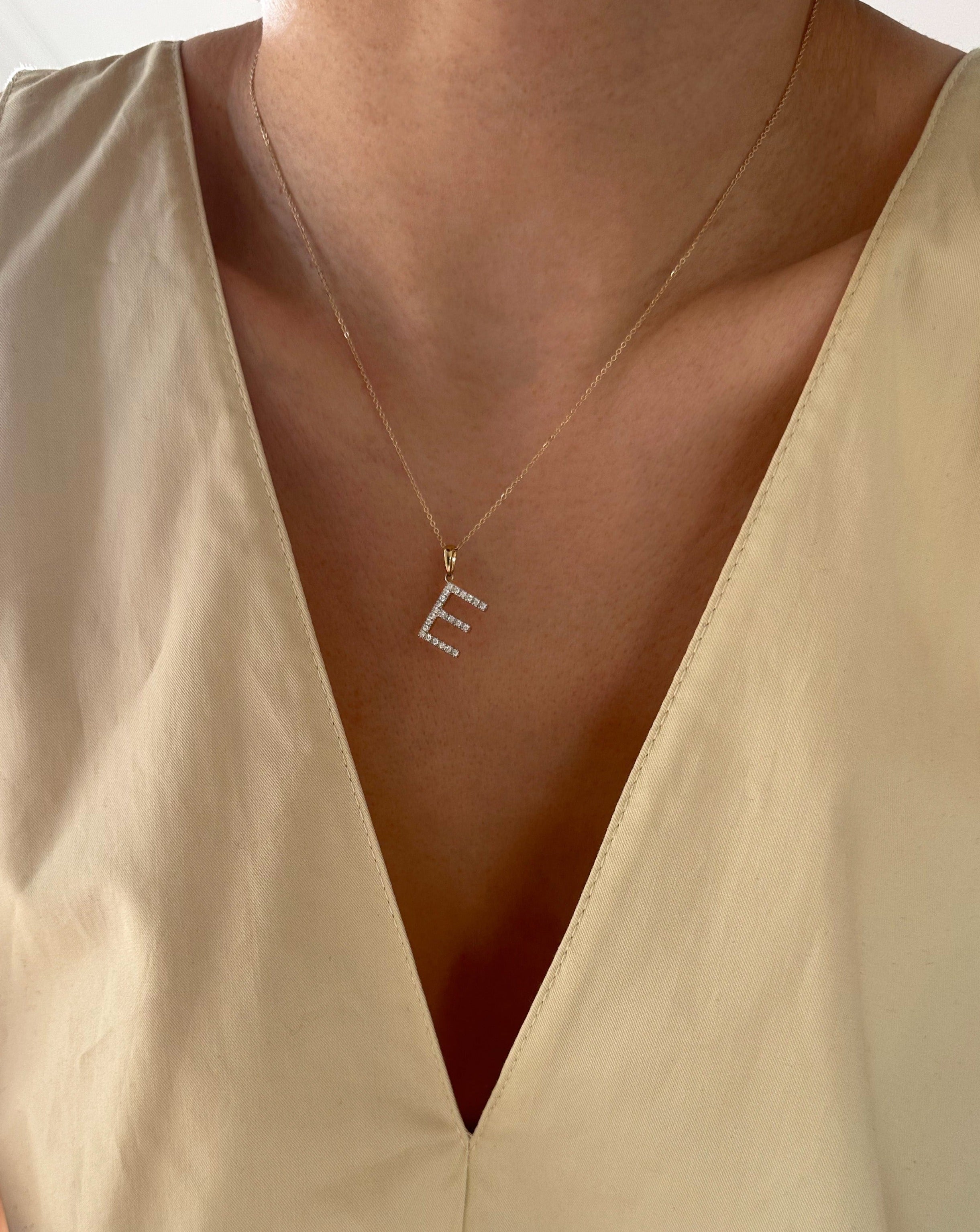 14K Yellow gold medium sized diamond initial charm necklace