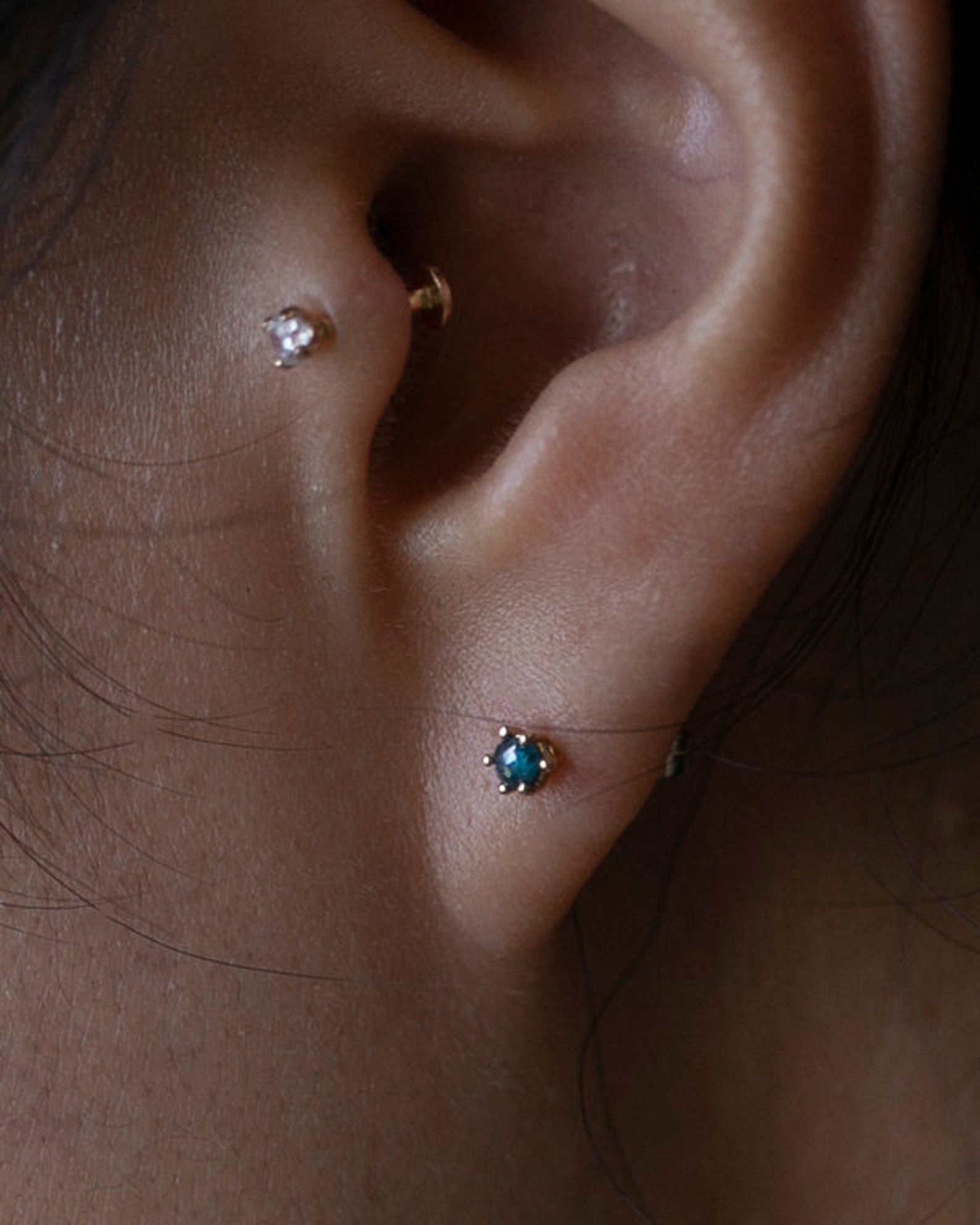 Gold Blue Rough Cut Diamond Solitaire Stud Earrings in 14k Gold.