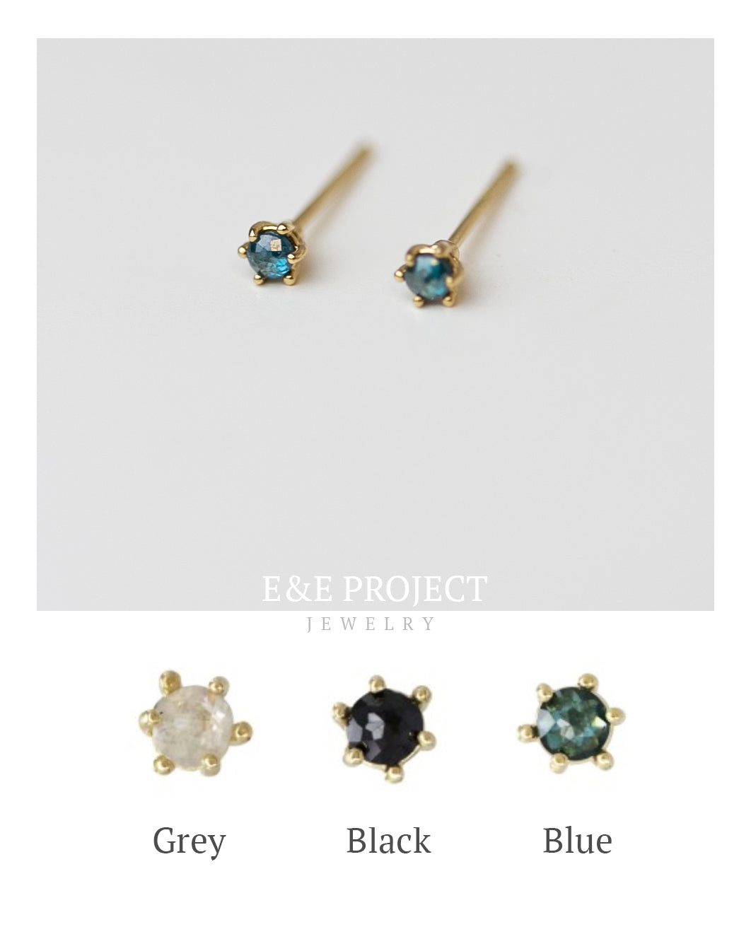 Gold Blue Rough Cut Diamond Solitaire Stud Earrings in 14k Gold.